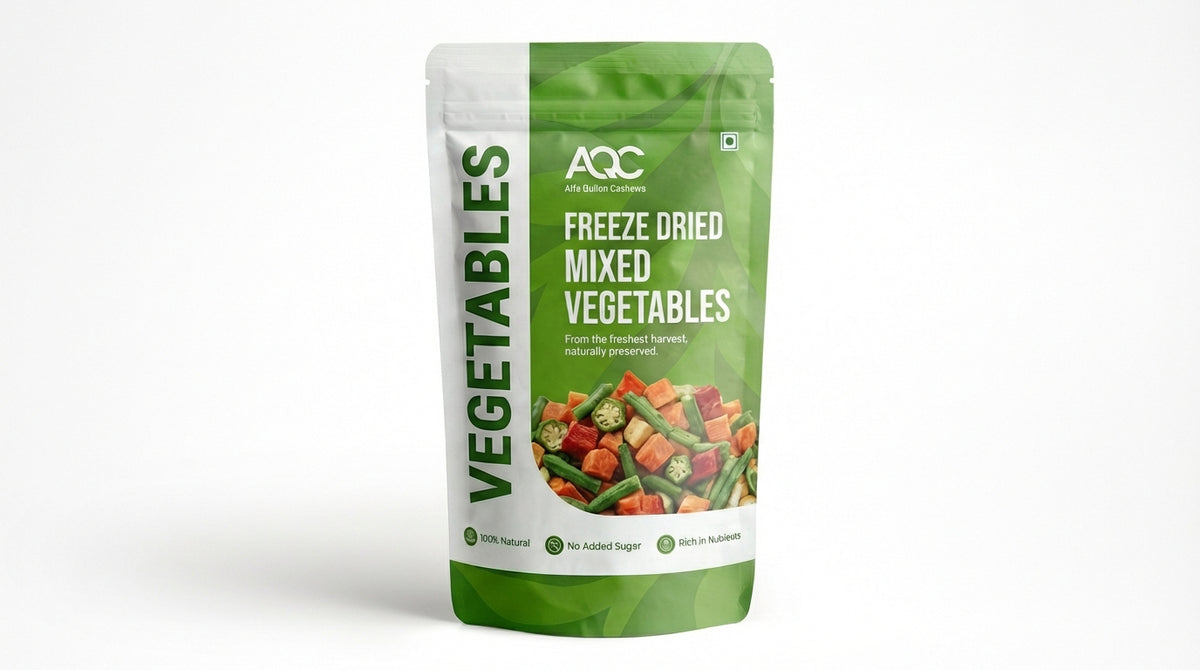 Packaged freeze-dried mixed vegetables with AQC branding on a white background
