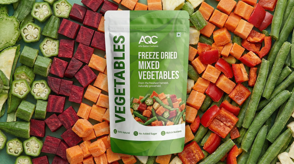 A pack of freeze-dried mixed vegetables with various cut vegetables around it.