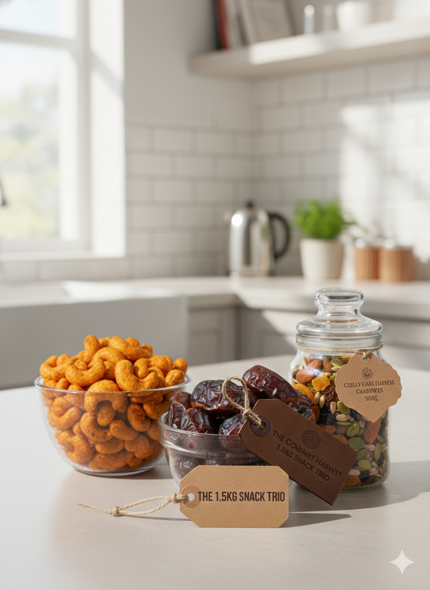 1.5kg Combo Pack: Chilly Garlic Cashews, Safawi Dates & 777 Mix